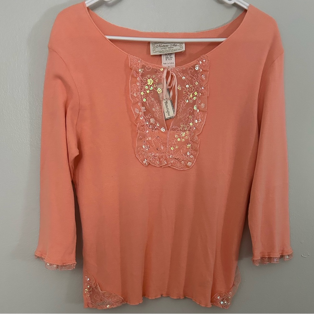 Vintage Deadstock Peach Color Lettuce Hem Sweater With Sequins Size M